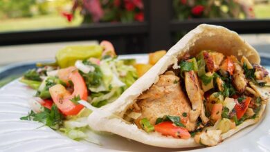 Grilled chicken pita sandwich with fresh vegetables, served with a side salad.