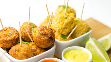 Assorted mini chicken kievs and sweet potato falafels served with saucesssorted mini chicken kievs and sweet potato falafels served with sauces